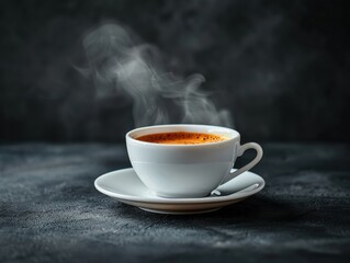 Fototapeta premium Steaming cup of coffee on a dark textured background