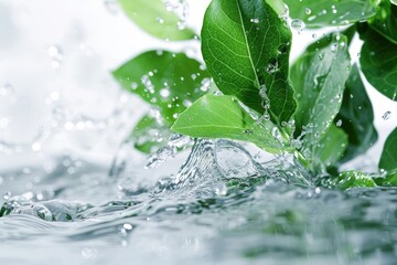 Water droplets on green plants, with a focus on the vibrant colors and freshness of nature.