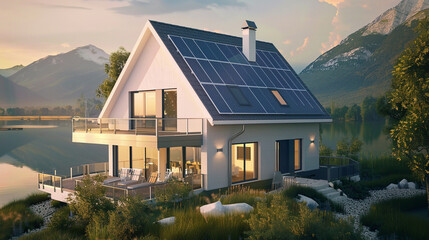 Obraz premium A modern house equipped with solar panels on the roof, showcasing sustainable living and renewable energy integration in residential architecture. 