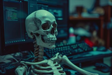 Human Skeleton Coding on Computer, Creative Concept of Digital Literacy Beyond Life