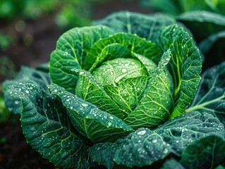 Obraz premium Closeup of vibrant green cabbage head with dew drops