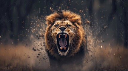 Naklejka premium Lion roaring powerfully, showcasing its strength and wild beauty in an awe-inspiring and dangerous moment with this inviting photo.
