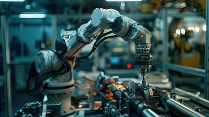Fototapeta premium Mechanized robot arm performing complex assembly tasks in an industrial setting, emphasizing precision and efficiency with this inviting photo.