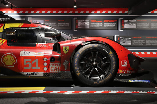 Maranello, Modena, Italy, June 23 2024 - Ferrari Museum in Maranello, Ferrari 499 P detail, winner of Le Mans 2024 on display for visitors