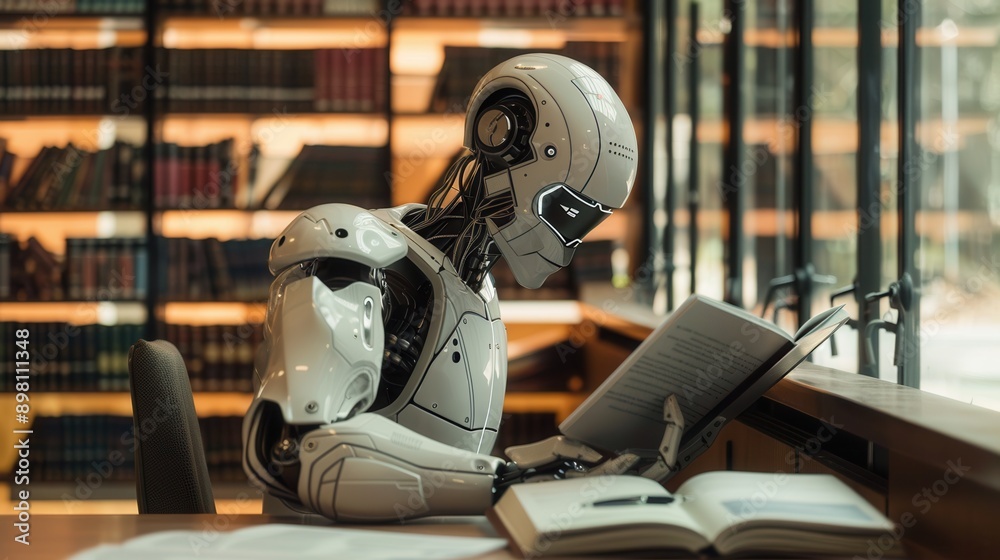 Poster A white artificial intelligence robot sits at a table in a library, reading a book. Generative AI