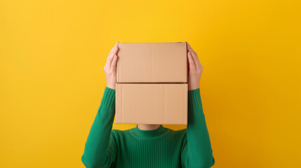 Person holding two cardboard boxes in front of face against yellow background.