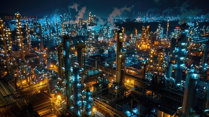 Fototapeta premium Nighttime aerial view of illuminated oil refineries and chemical plants in an industrial zone, showcasing the vibrant activity with this inviting photo. a
