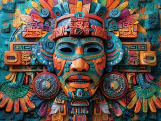 Colorful aztec mask with intricate designs and patterns