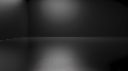 Naklejka premium Minimalist dark empty room with smooth black walls and reflective floor surface.