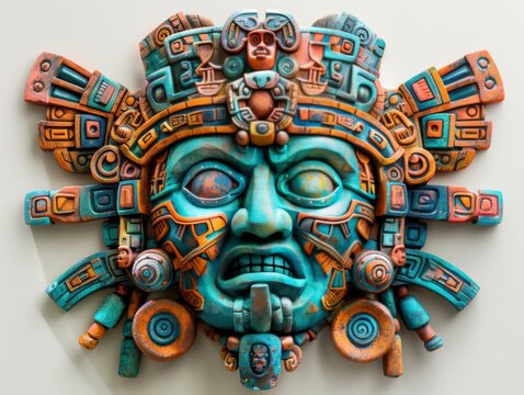Detailed aztec mask with turquoise and orange accents