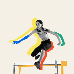 Focused woman, athlete in motion, jumping over hurdle, competing for victory of sports track. Colorful lines. Contemporary art collage. Sport, athletics, endurance, speed, energy, competition concept