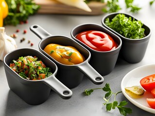 Condiment Caddy with Labeled Compartments for Sauces, Spices and Toppings in a Rustic Kitchen Setting