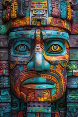 Aztec mask with intricate colorful patterns and details