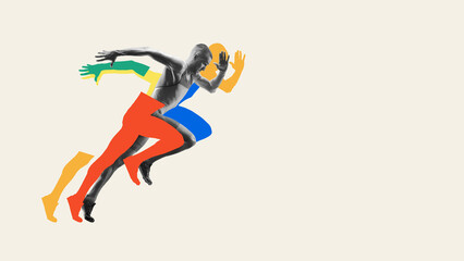 Dynamic muscular man, athlete in motion, running, competing, showing determination and motivation to win. Contemporary art collage. Concept of sport, athletics, endurance, speed, energy, competition