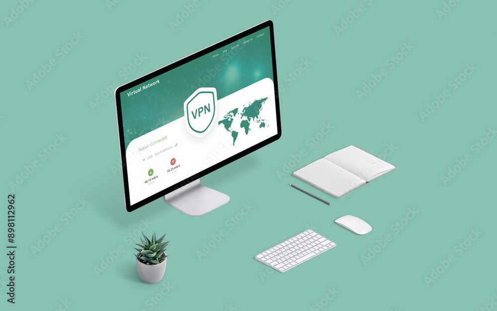 Aufkleber Computer display showcasing a VPN web page concept. Secure internet connection, privacy protection, and anonymous browsing highlighted