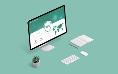 Computer display showcasing a VPN web page concept. Secure internet connection, privacy protection, and anonymous browsing highlighted