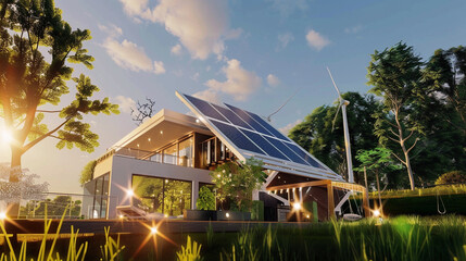 A modern house equipped with solar panels on the roof, showcasing sustainable living and renewable energy integration in residential architecture. 