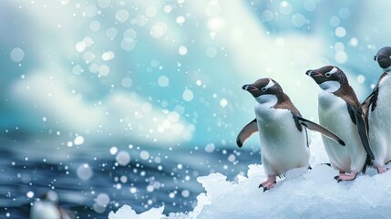 Fototapeta premium Cute penguins take a walk in the snow