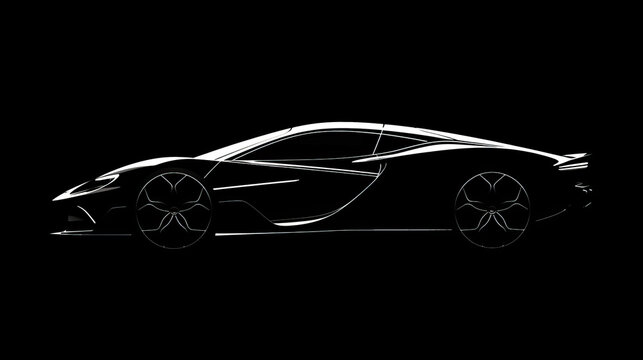Sleek sports car outlined against a black background, facing the viewer.
