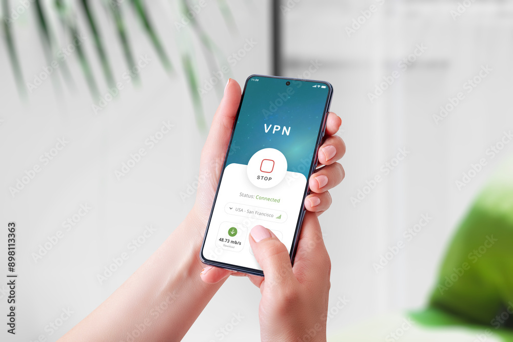 Aufkleber Using a VPN connection app on a smartphone. Highlights mobile security, privacy protection, and secure internet access in a modern digital concept