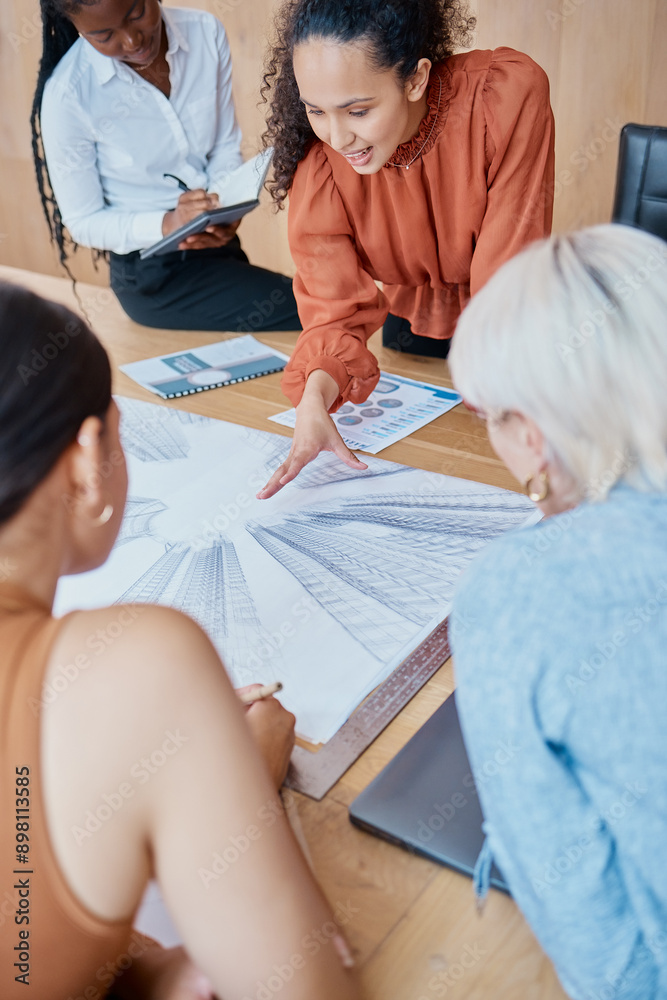 Poster architect, group or business women with blueprint for brainstorming ideas at startup. team, document