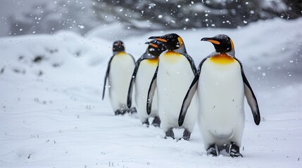 Fototapeta premium Cute penguins take a walk in the snow