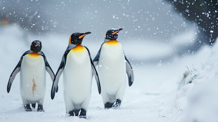 Fototapeta premium Cute penguins take a walk in the snow