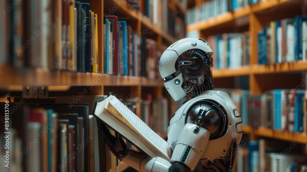 Leinwandbilder A robotic AI stands in a library, reading a book. Generative AI