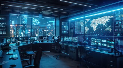 digital public safety command center where officials monitor urban security through a network of connected devices and AI algorithms