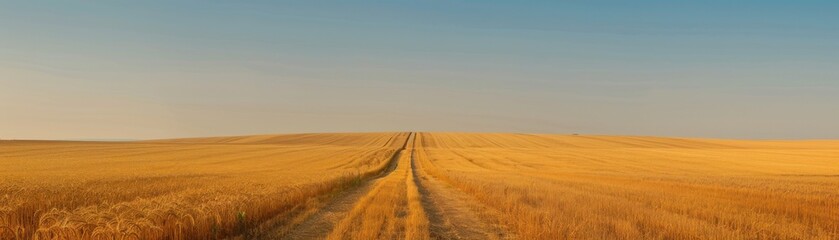 Obraz premium Endless wheat field with a dirt path under a blue sky, showcasing the expansive beauty and tranquility of rural landscapes.