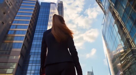 Back, thinking and a business woman walking to a building in the city for the start of her work day. Wind, commute and a young employee crossing a bridge to arrive at her urban office or workplace