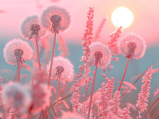 a field with pink tall, flowering dandelion plants, taken during sunset