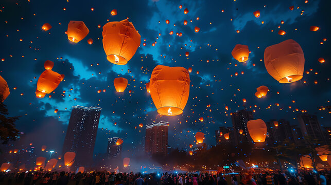 Evening Sky Filled With Floating Lanterns Over Urban Cityscape