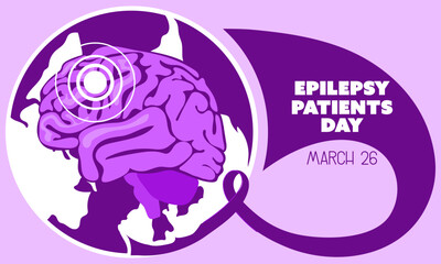 International Epilepsy Day banner for March 26. The brain is naturally flat in purple colors against the background of the earth with a ribbon on shades of purple. Brain problems, illness. Horizontal