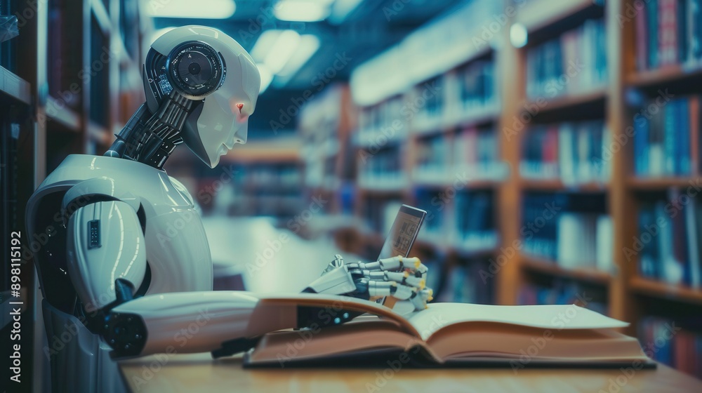 Poster A humanoid AI robot sits at a table in a library, reading a book with its robotic hand. Generative AI