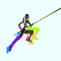 Focused athletic woman in motion, pole vaulter running and getting ready to perform high jump....