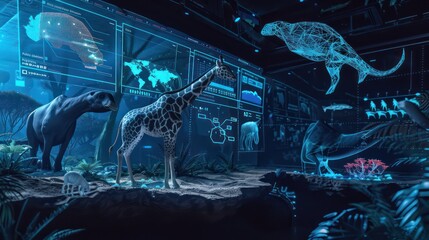 Fototapeta premium digital wildlife monitoring station where conservationists track animal movements and health through sensors and real-time data visualizations