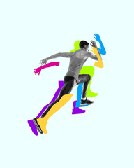 Mid-sprint, the athlete embodies speed and power, athletic man in motion, running. Contemporary art collage. Concept of sport, athletics, endurance, speed, energy, competition