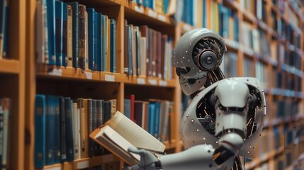 Fototapeta premium An artificial intelligence stands in a library, holding a book open in its robotic hand. Generative AI