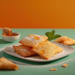 Closeup of a fresh croissant on a plate with jam and butter