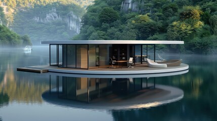 floating office on a tranquil lake, with a modern, minimalist design and 360-degree water views for ultimate inspiration