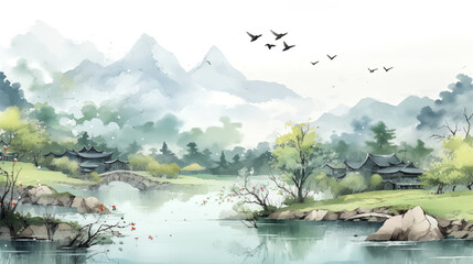 Naklejka premium Water color painting of Spring scenery illustration with green mountain, Chinese drawing style
