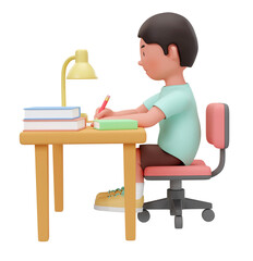 3D boy sitting on chair doing homework or studying, side view