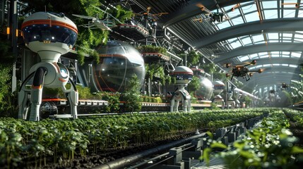 futuristic agriculture center where robots and drones manage crop planting, maintenance, and harvesting