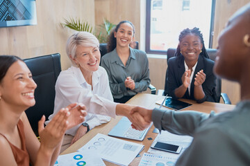 Business, women and handshake in office for congratulations on project achievement. People, employees and boardroom on meeting with clapping hands or paperwork for well done, success and happy