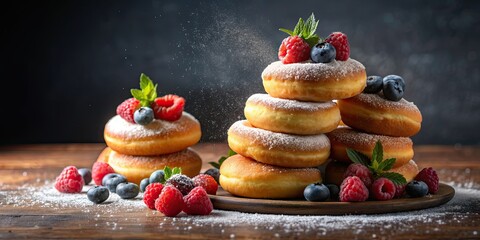 Delicious pile of donuts with berries and sugar topping for bakery celebration, donuts, pile, delicious, bakery, celebration