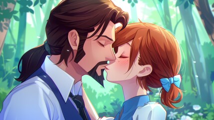 Obraz premium Pictureperfect moment A dapper man in a suit kisses a stunning lady in a blue dress, radiating joy and love.