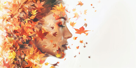 Autumn collage beautiful woman and autumn leaves. Autumn mood, red, yellow autumn leaves are flying