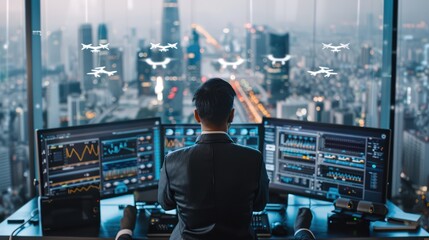 futuristic drone traffic control center where operators monitor and direct commercial drone flights throughout a metropolitan area
