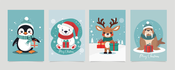 Christmas card set with cute winter animals wearing hats, scarfs and presents and calligraphy. Cute and elegant vector illustration templates in simple style